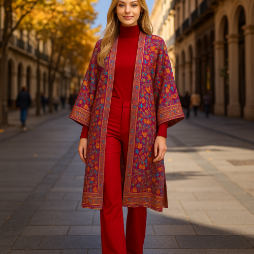 Kimono largo de semiseda rojo y flores
