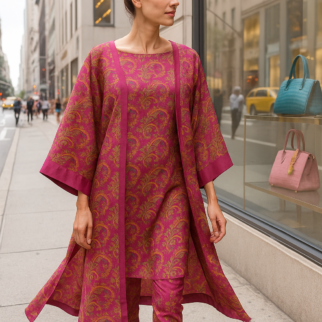 Kimono y caftan de seda fucsia largos Julunggul