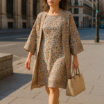 Kimono y vestido semiseda beige con flores 1 Julunggul