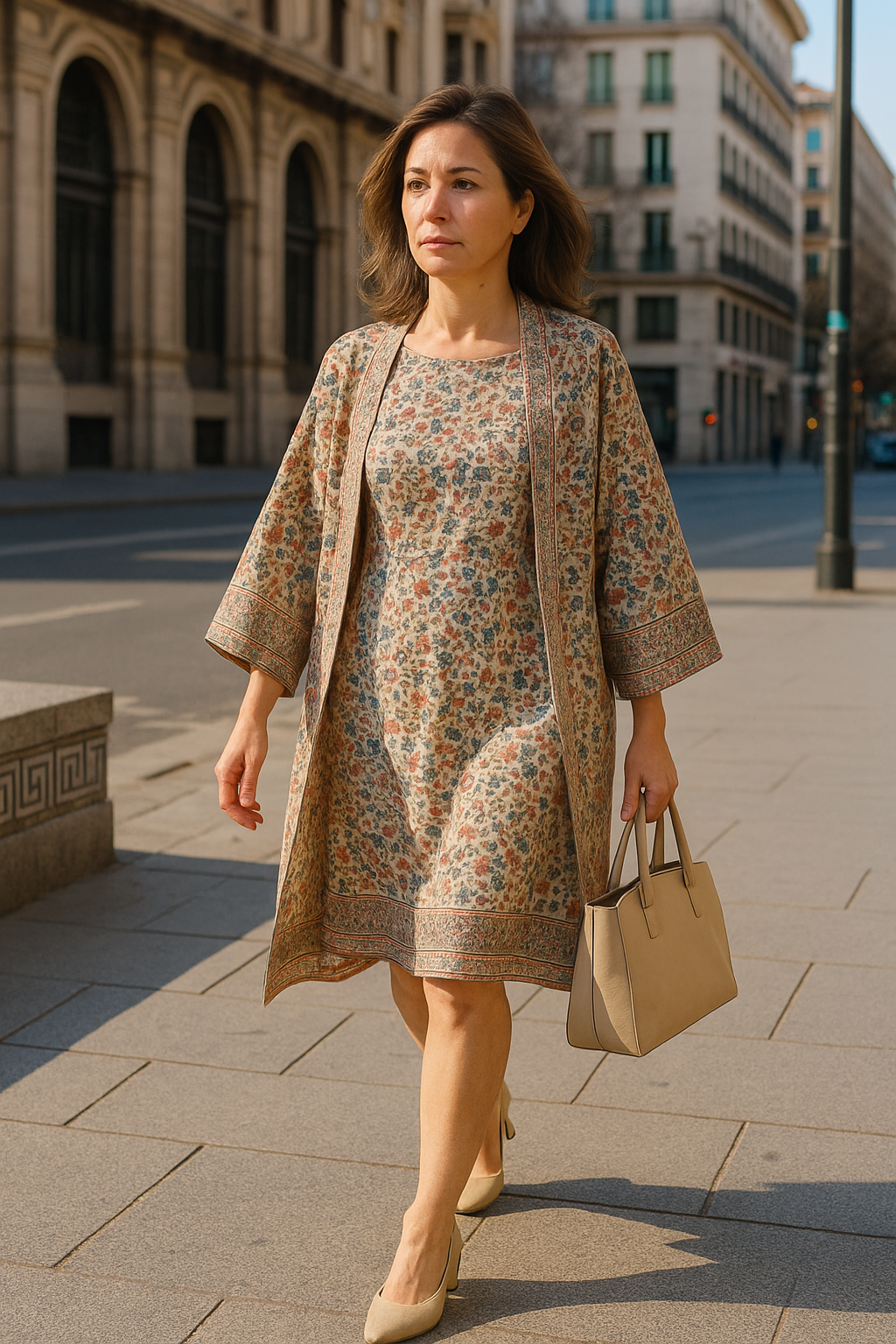 Kimono y vestido semiseda beige con flores 1 Julunggul