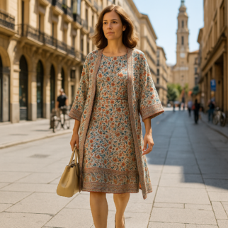 Kimono y vestido semiseda beige con flores Julunggul