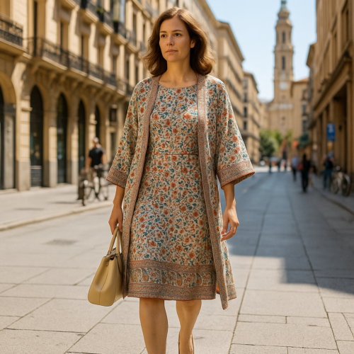 Kimono semiseda beige con flores