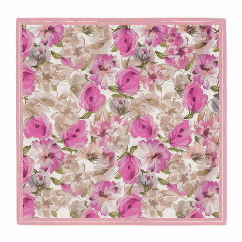 Pañuelo de seda 52x52 cm de mujer Blanco y flores rosa