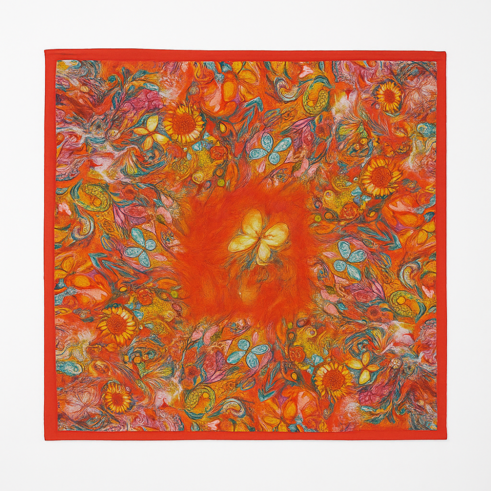 Pañuelo de seda 52x52 cm rojo con flores y mariposas Julunggul