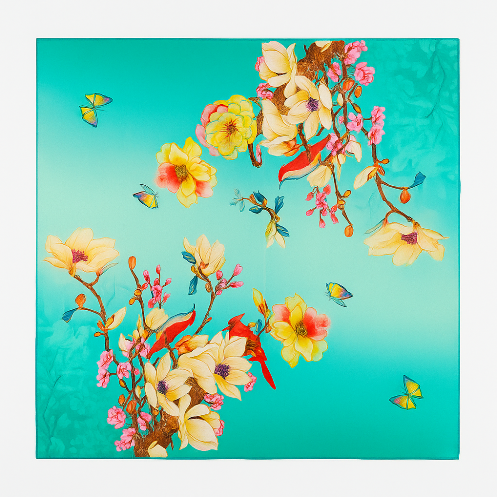 Pañuelo de seda 52x52 cm turquesa con flores Julunggul