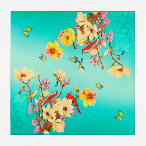 Pañuelo de seda 52x52 cm turquesa con flores Julunggul