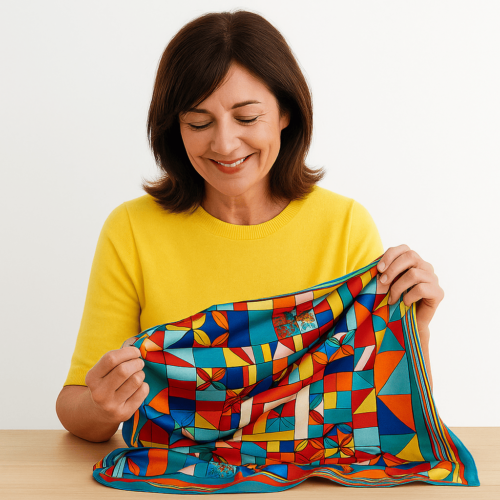 Pañuelo de semiseda 90x90 cm estampado geometrico de colores