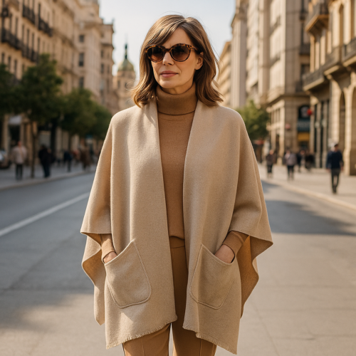Poncho capa Beige con bolsillos