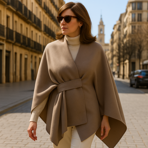 Poncho capa cámel con trabilla