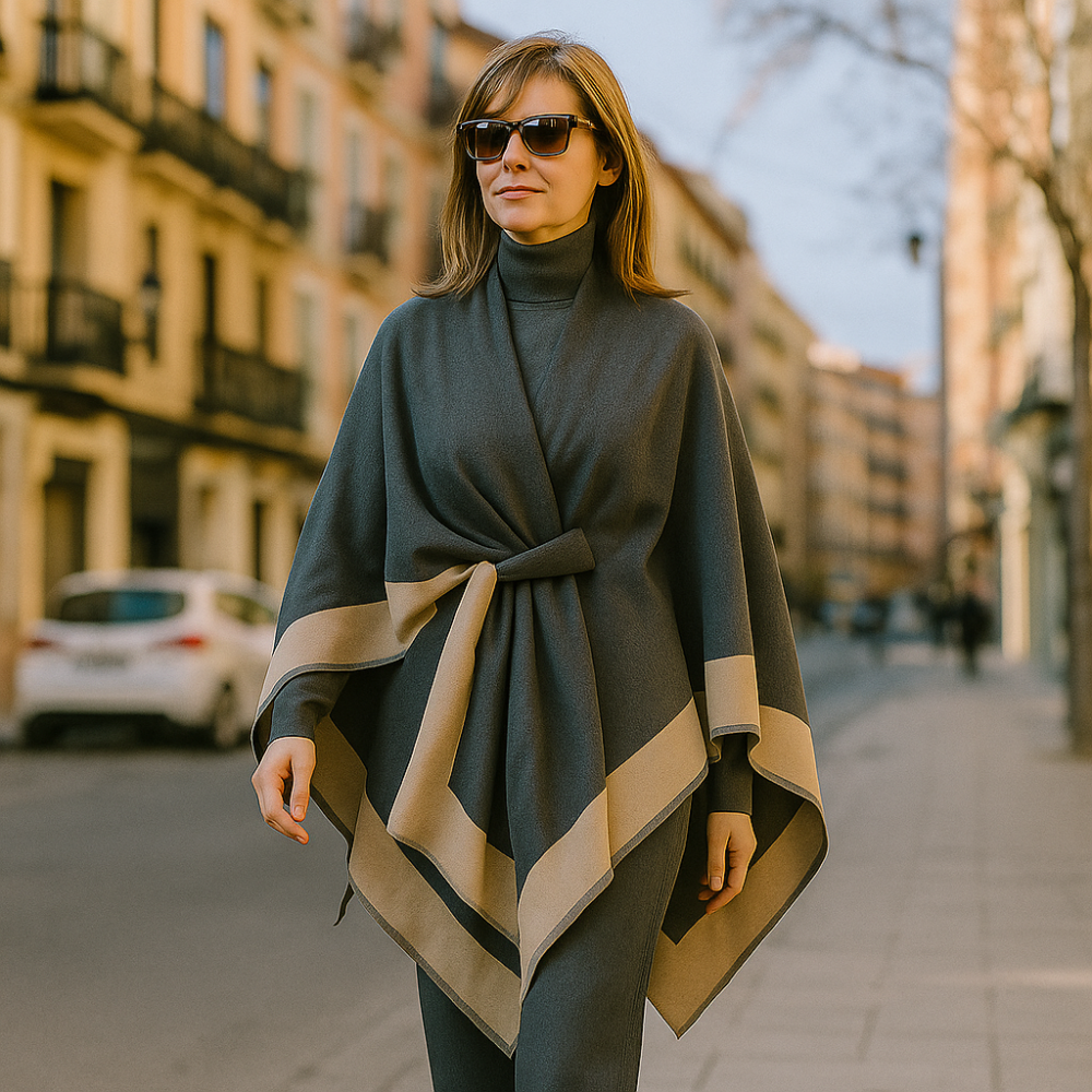 Poncho capa gris oscuro y cámel con trabilla