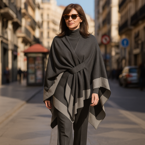 Poncho capa gris oscuro y claro con trabilla