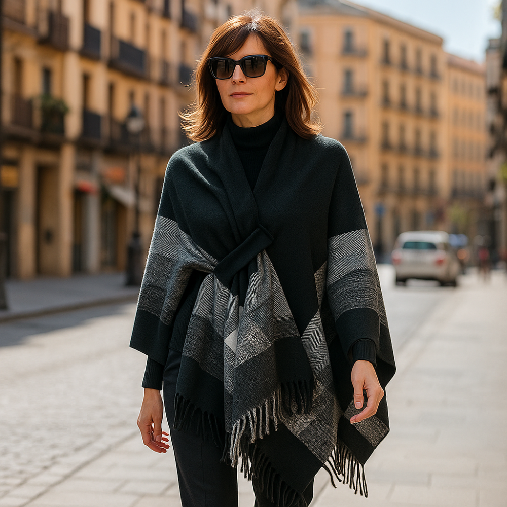 Poncho capa negro y rayas grises con trabilla
