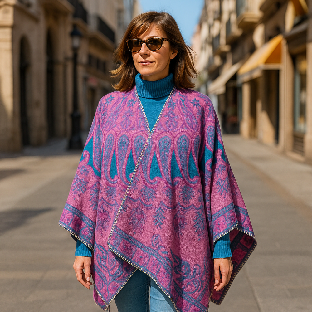Poncho capa reversible estampado azul y fucsia - Imagen 4