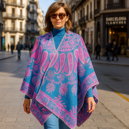 Poncho capa reversible estampado azul y fucsia