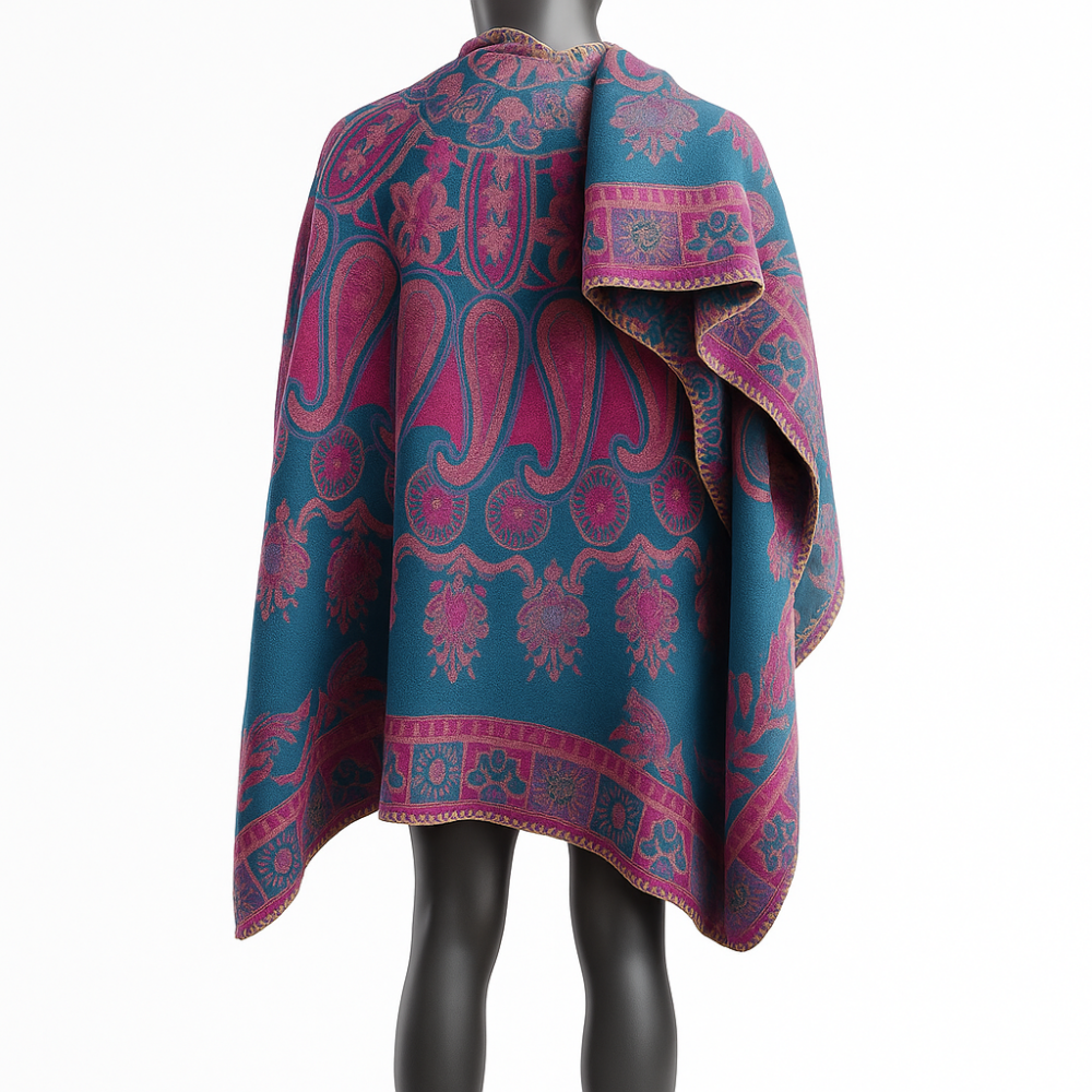 Poncho capa reversible estampado azul y fucsia - Imagen 2