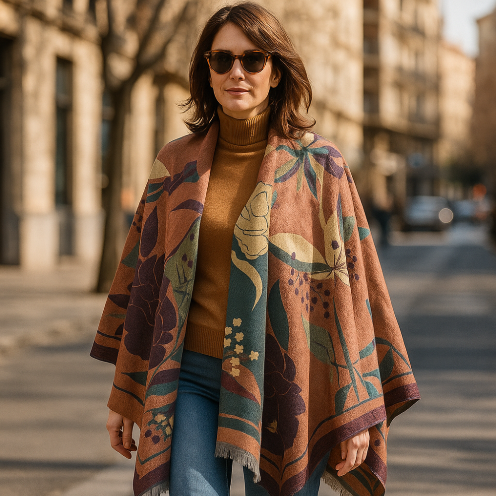Poncho capa reversible estampado flores verde y cámel - Imagen 4