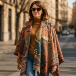 Poncho capa reversible estampado flores verde y cámel 1 Julunggul