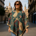 Poncho capa reversible estampado flores verde y cámel 2 Julunggul