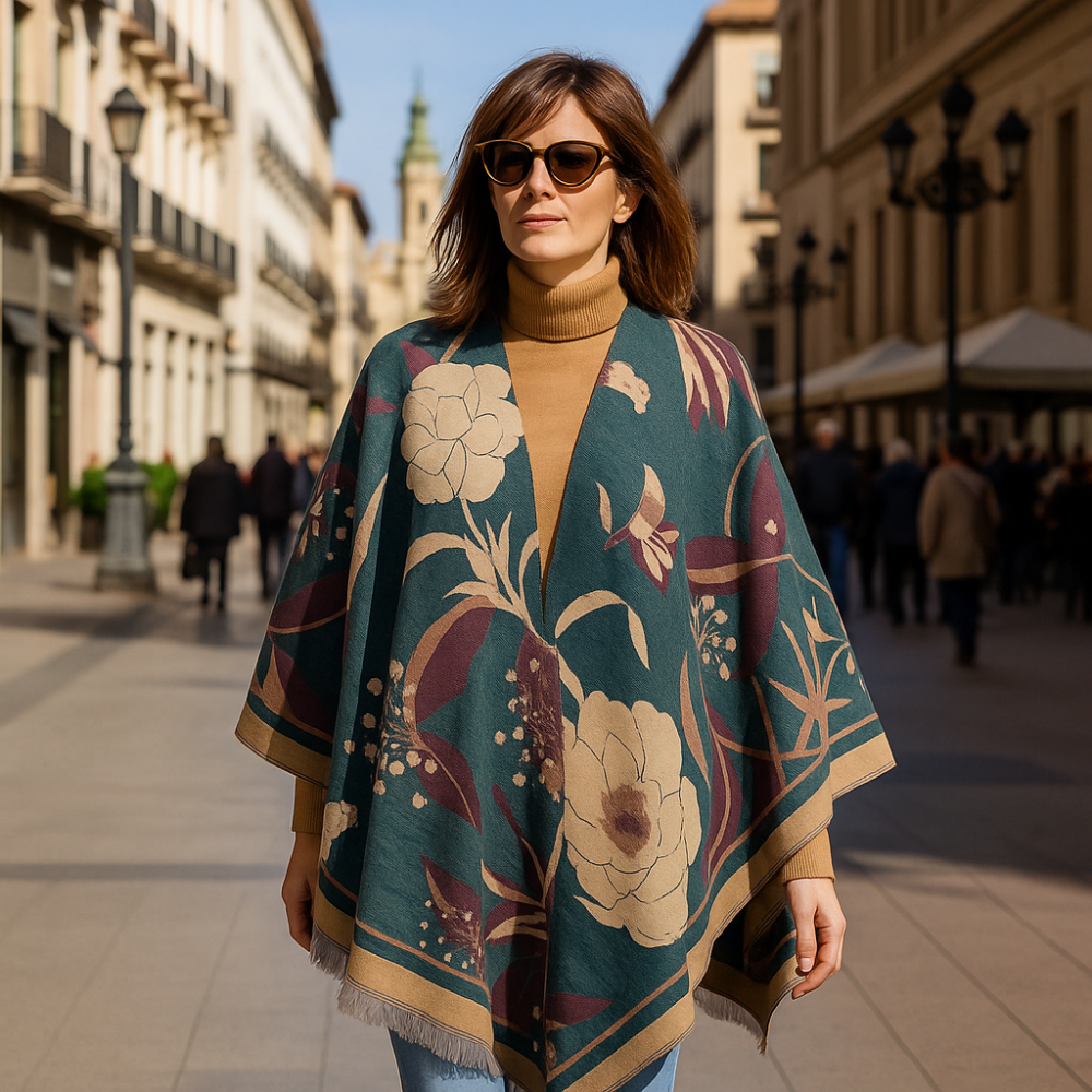 Poncho capa reversible estampado flores verde y cámel