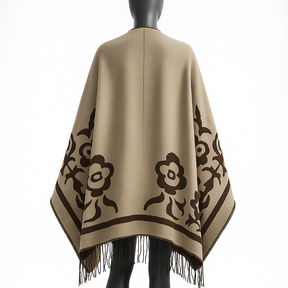 Poncho capa reversible marrón y beige estampado - Imagen 3