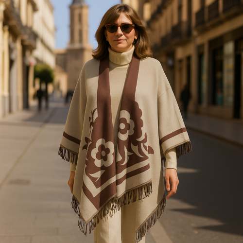 Poncho capa reversible marrón y beige estampado