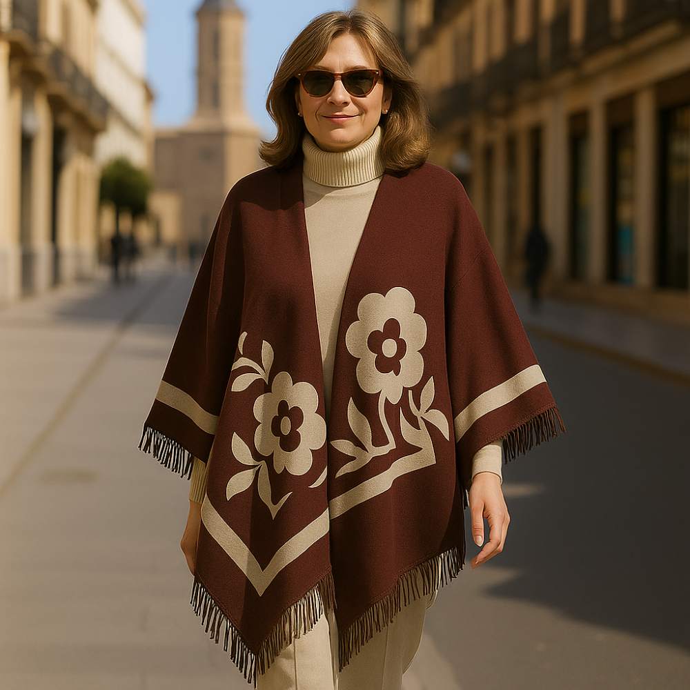 Poncho capa reversible marrón y beige estampado - Imagen 5