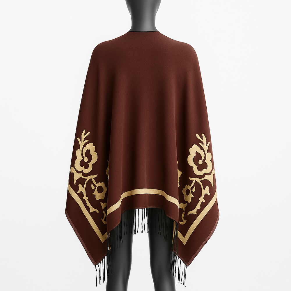 Poncho capa reversible marrón y beige estampado - Imagen 2