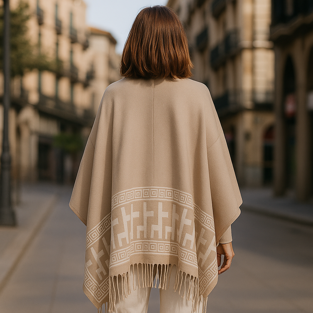 Poncho capa reversible piedra y beige con cenefa 2 Julunggul