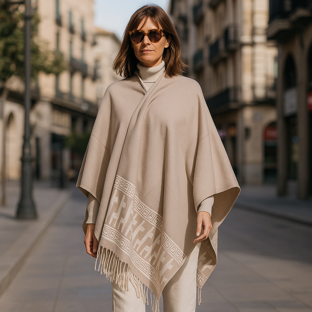 Poncho capa reversible piedra y beige con cenefa Julunggul