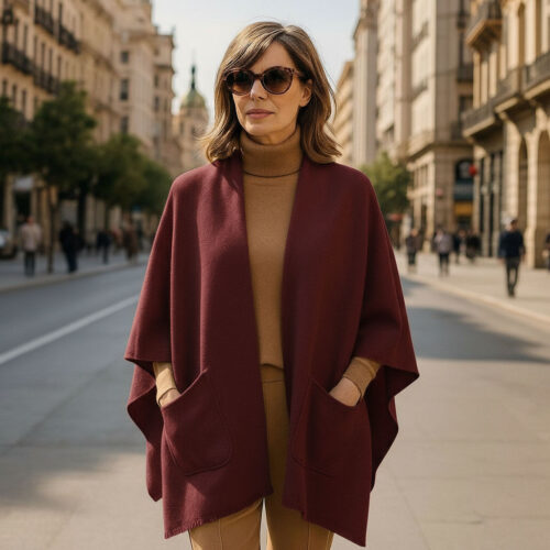 Poncho capa tacto cashmere con bolsillos granate Julunggul