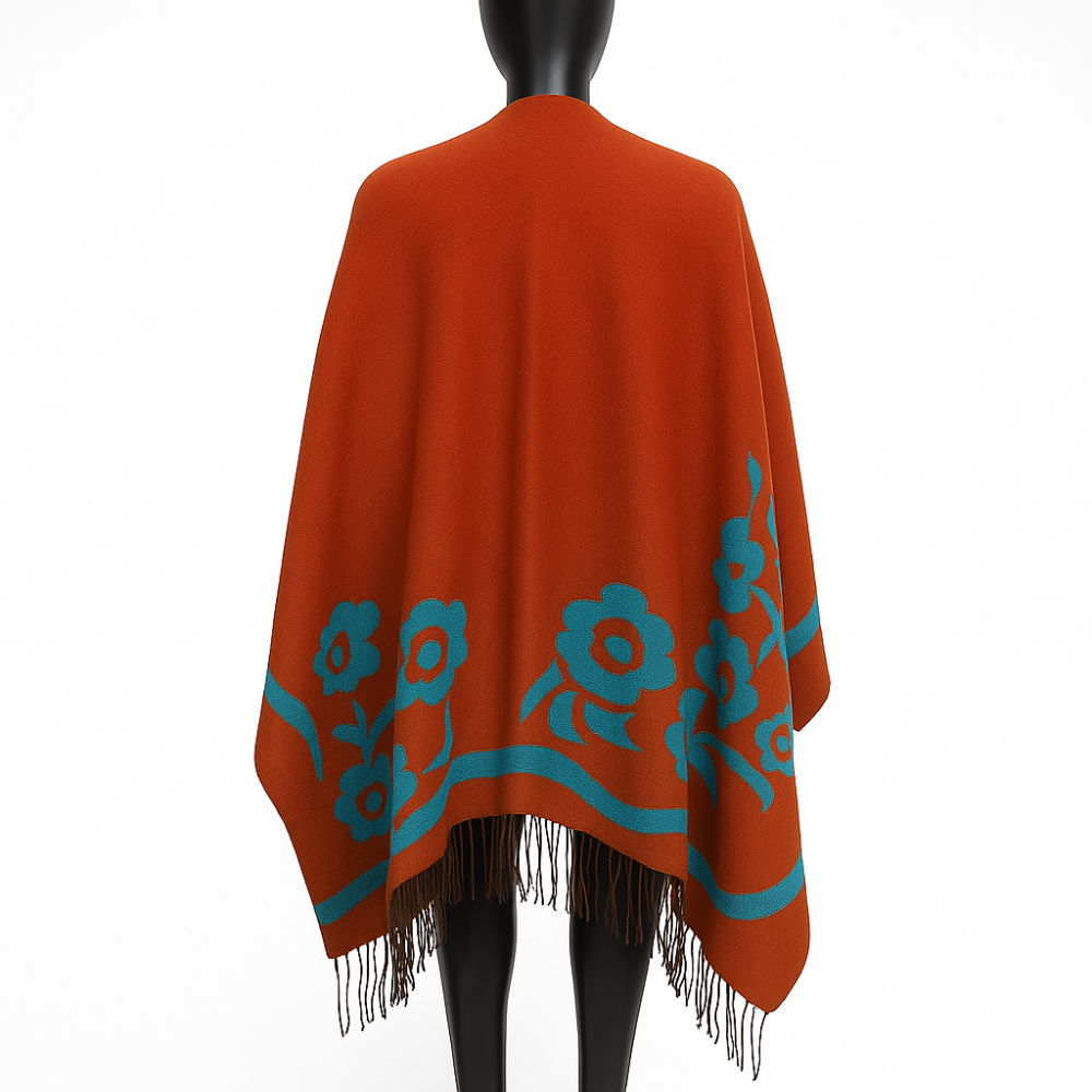 Poncho capa reversible naranja y turquesa estampado - Imagen 3