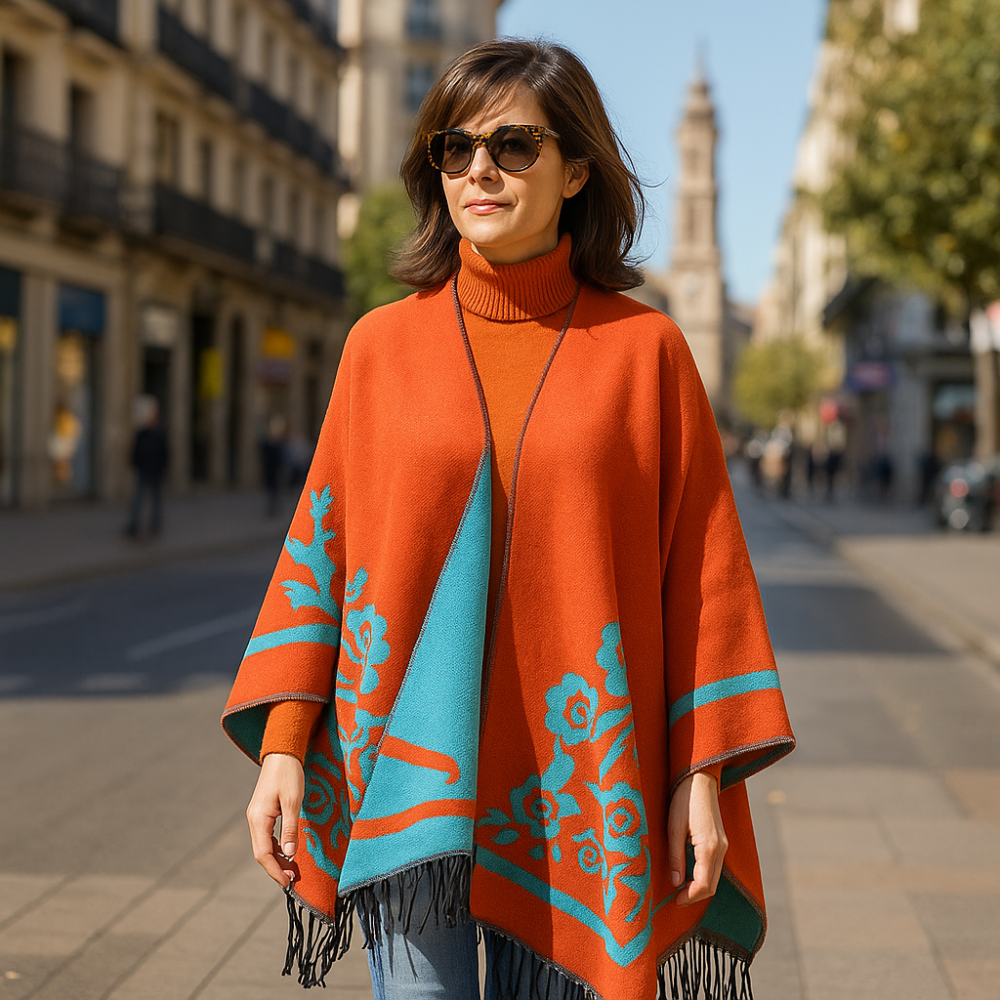 Poncho capa reversible naranja y turquesa estampado