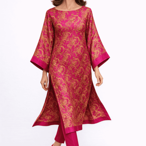 Caftán de seda fucsia largo