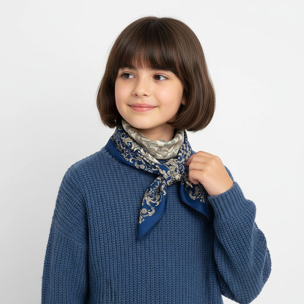 Pañuelo de semiseda 70x70 cm azul marino y beige - Imagen 2