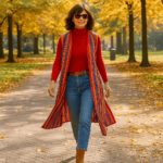 Chaleco largo de cretona de rayas rojo y colores Julunggul