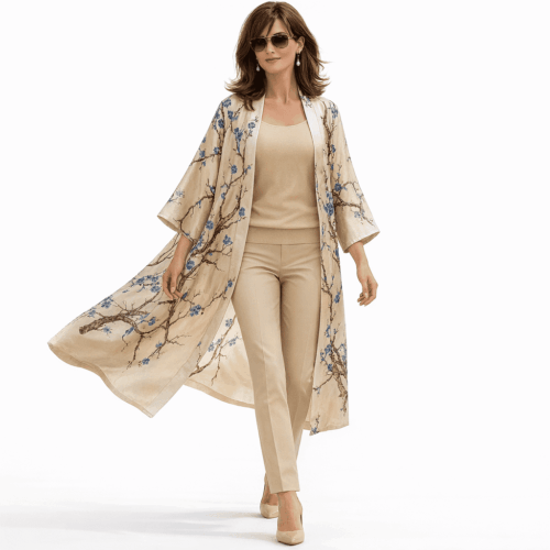 Kimono largo de semiseda beige Almendro