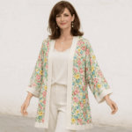 Kimono corto de semiseda beige con flores de colores 1 Julunggul