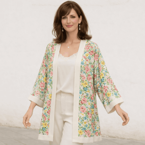 Kimono de semiseda Beige con flores de colores