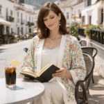 Kimono corto de semiseda beige con flores de colores Julunggul