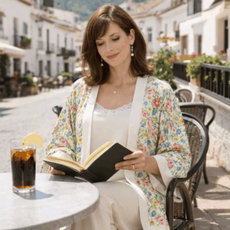 Kimono corto de semiseda beige con flores de colores Julunggul