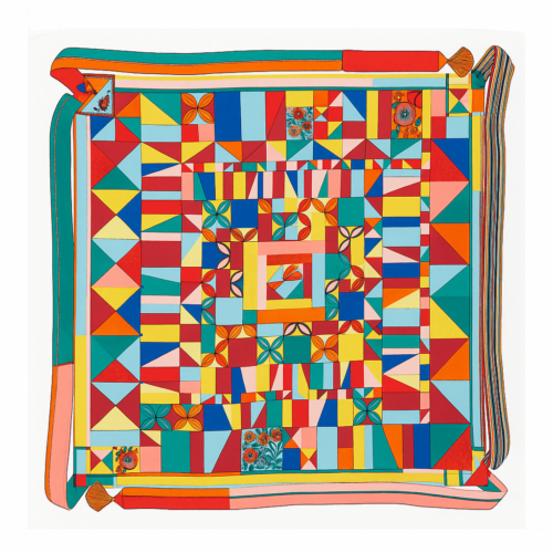 Pañuelo de semiseda beige con estampado geométrico naranja amarillo azul Julunggul