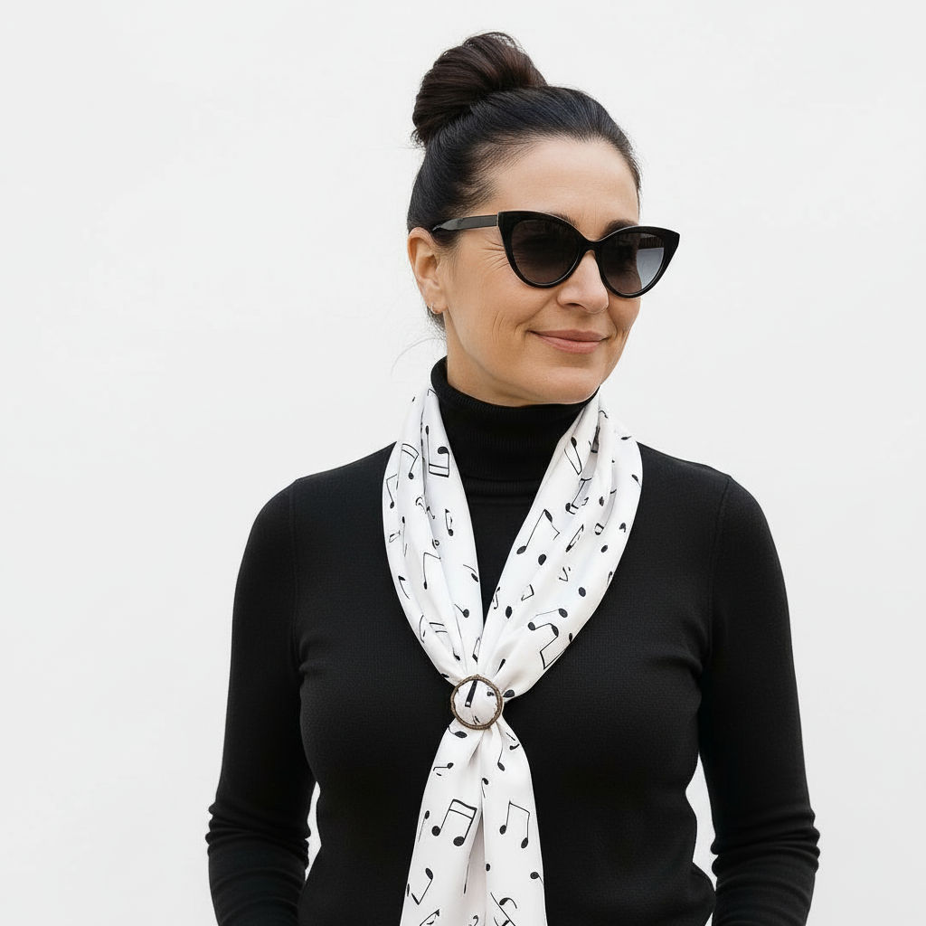 Pañuelo de semi seda negro 90x90 cm notas musicales - Imagen 2