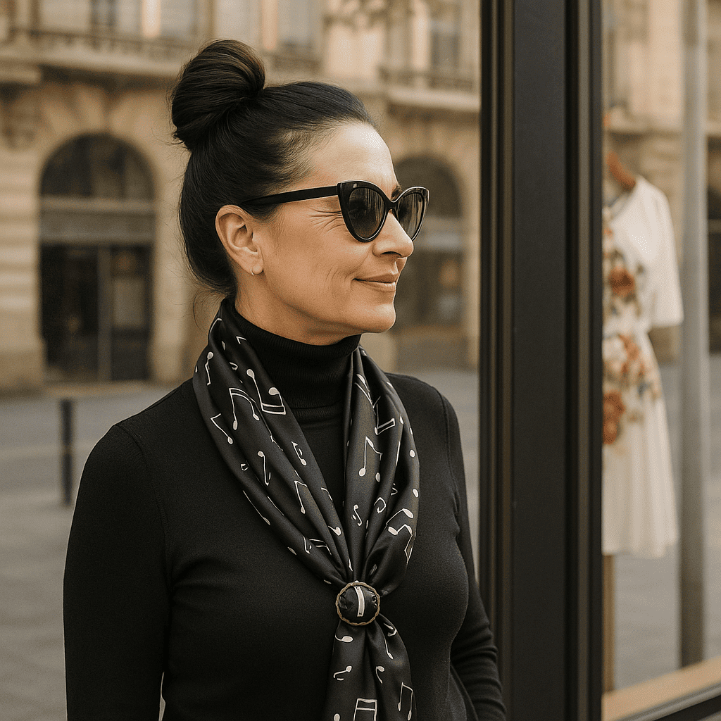 Pañuelo de semi seda negro 90x90 cm notas musicales - Imagen 3