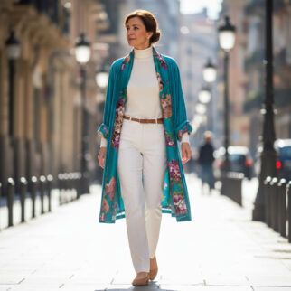 abrigo kimono reversible de terciopleo turquesa y seda estampada Julunggul