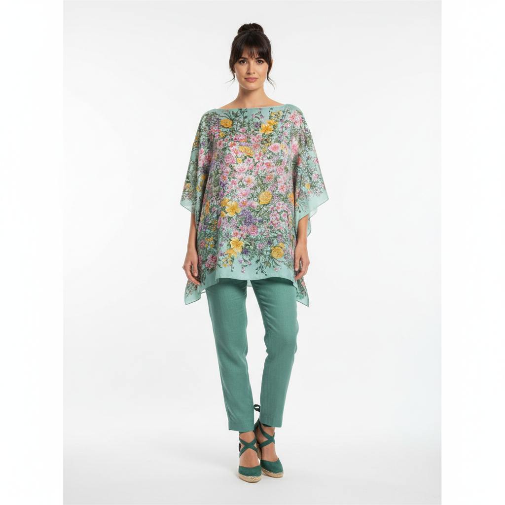 Pañuelo de semi seda grande verde mar con flores 130x130 cm - Imagen 3