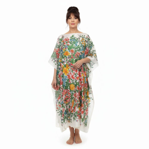 Caftán largo de semiseda crudo con flores Julunggul