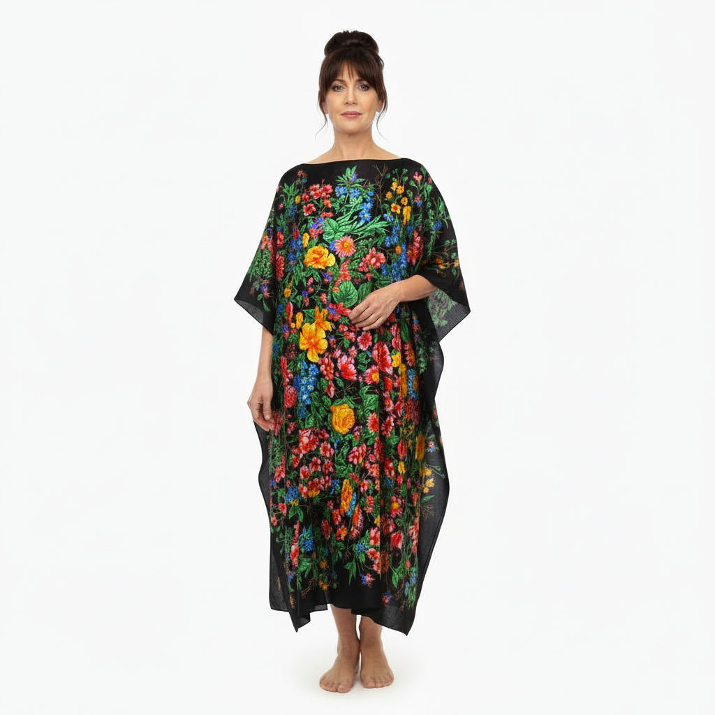 Caftán largo de semiseda negro con flores 2 Julunggul