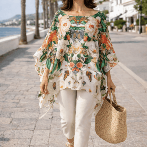 Caftan o kaftan de seda natural beige estampado con flores y mariposas exclusivo a medida de Julunggul