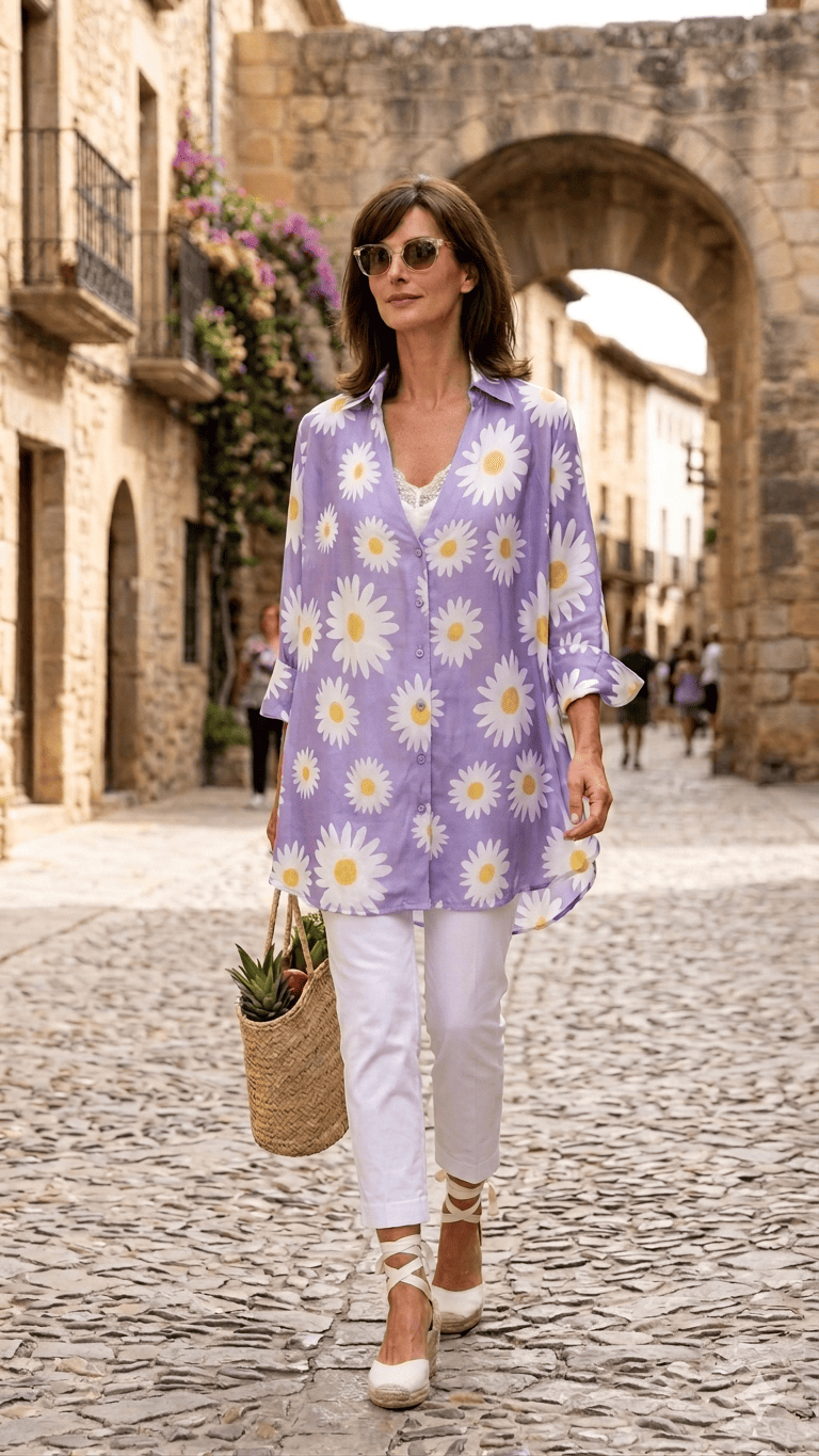 Camisola de seda natural a medida color lavanda con margaritas 1 Julunggul