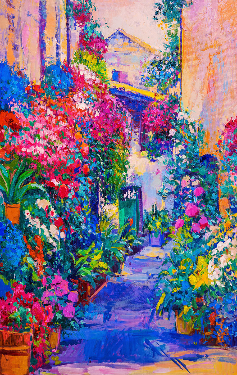 Fular de seda natural paisaje azul klein y rosa - Imagen 2